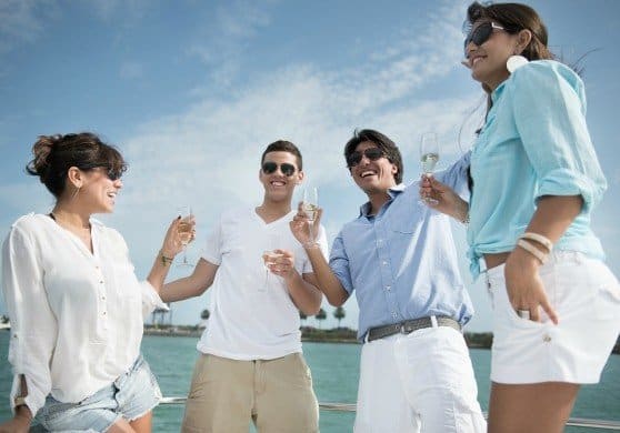 Happy group of friends drinking champagne on a yacht