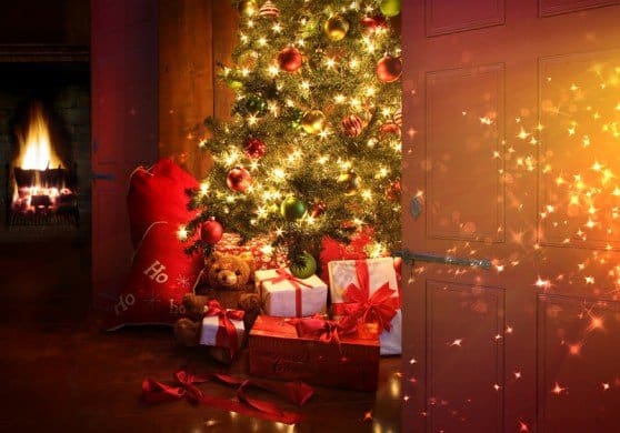 Christmas scene with tree and fire in background