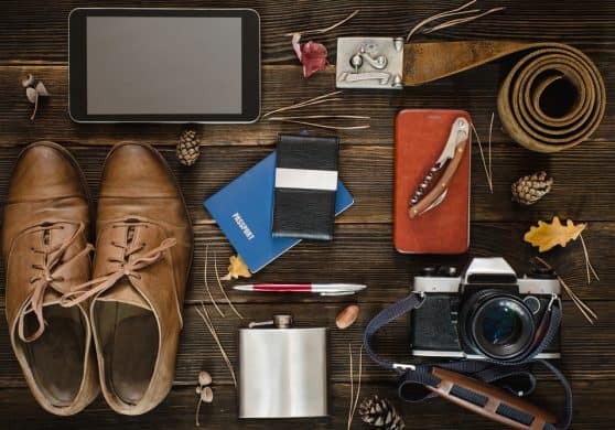 Things for travel on wooden table