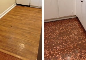 Before and after: installation of a copper penny floor