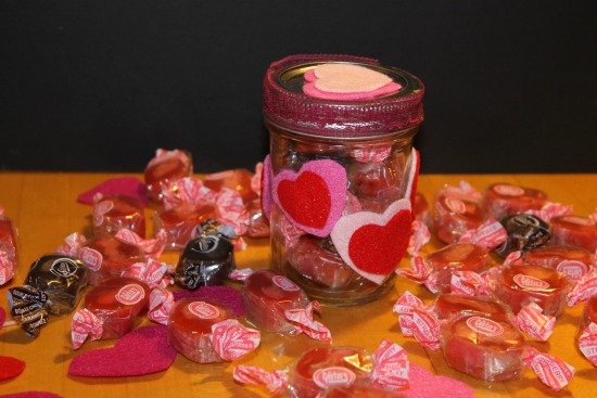 Valentine Candy Jar stuffed with American made Goetze's Candy Caramel Creams