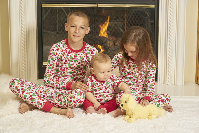 Holiday print organic children's pajamas made in USA