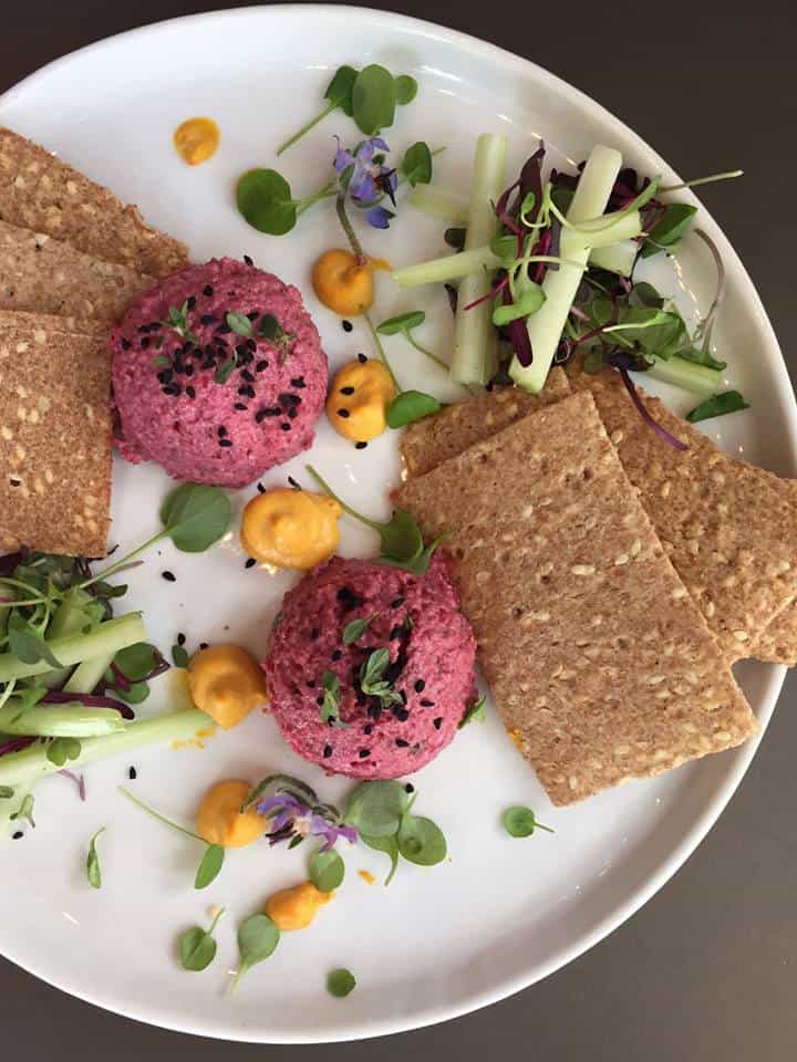 Best Vegan Restaurants in NYC: Sunflower Beet Hummus from Divya's Kitchen - Ayuvedic Cuisine in NYC - Vegan Nut-Free Hummus #nutfree #nyceats #veganeats #vegannyc #hummus #beets #ayuvedic