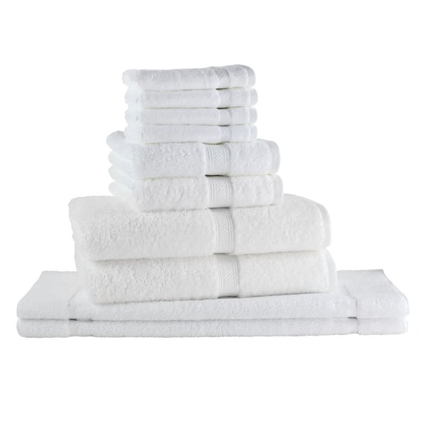 Luxury towels made in USA: Freshee 10 Piece Bath Set featuring Intellifresh™ technology in White. 