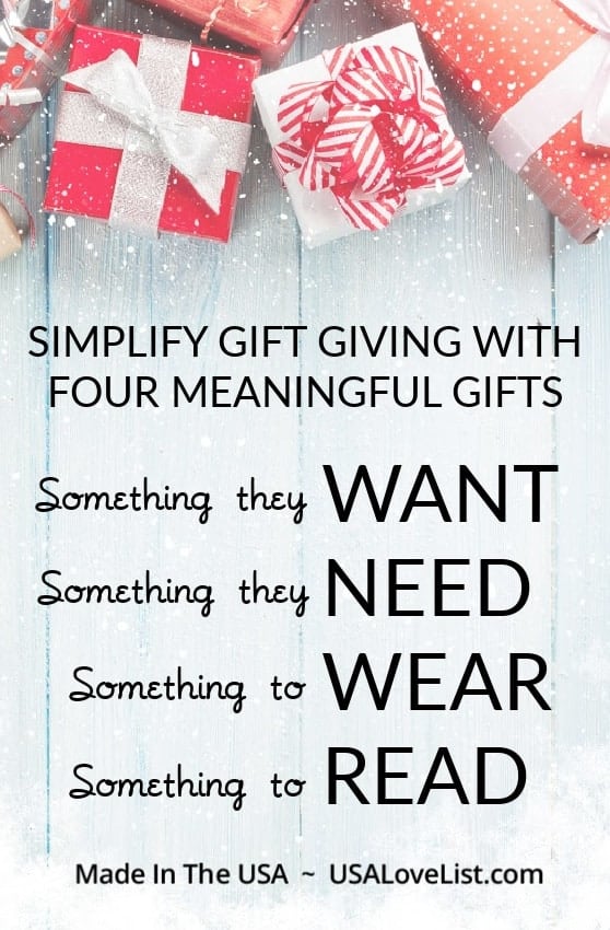 WANT, NEED, WEAR, READ. Simplify gift giving this holiday season. #usalovelisted #gifts 