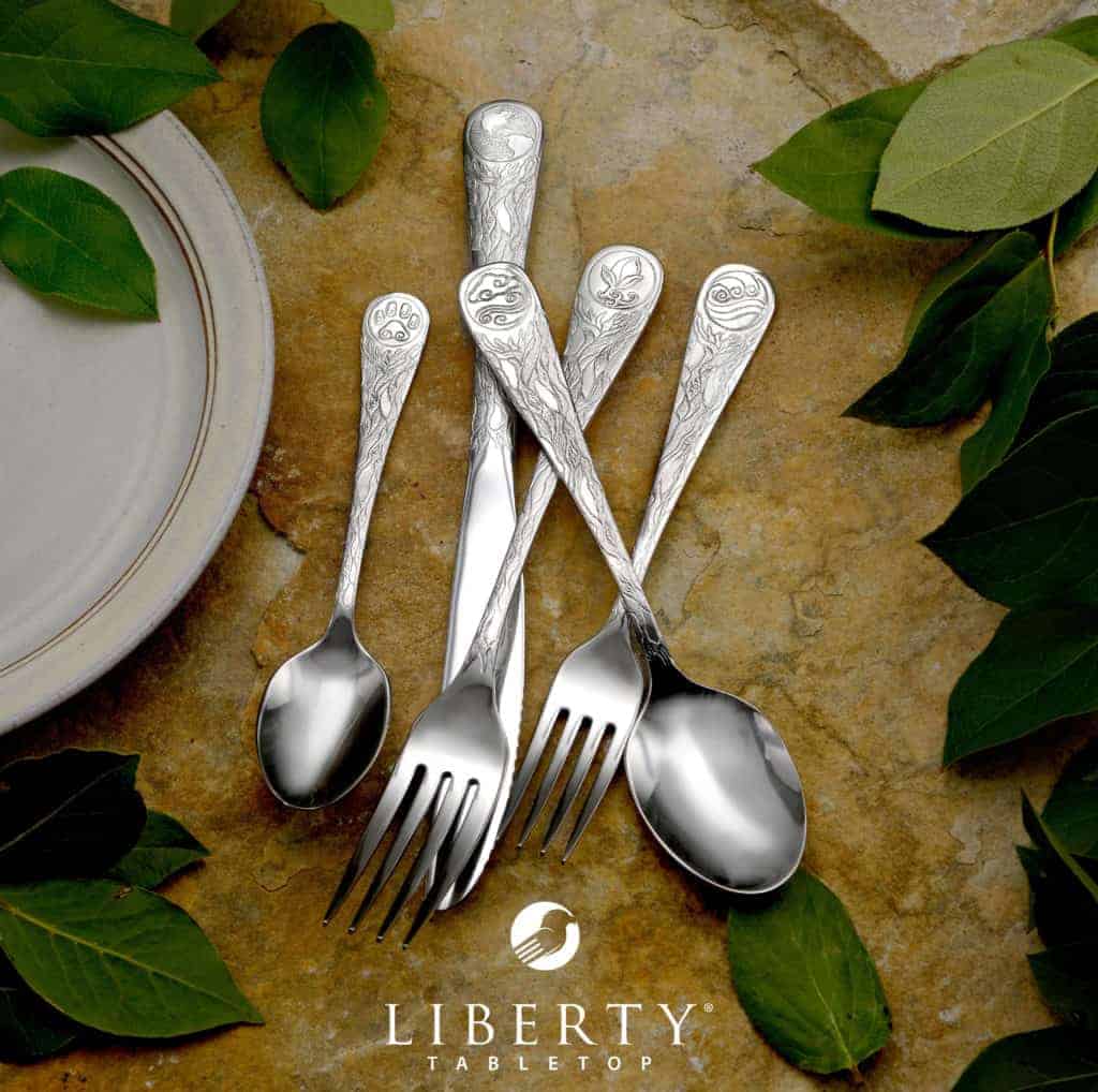 Green Gifts for the home Liberty Tabletop Earth flatware pattern. With every Earth pattern set purchased,  One Tree Planted, a non-profit organization focused on global reforestation and pledges to plant one tree.  #usalovelisted #madeinUSA #LibertyTabletop 