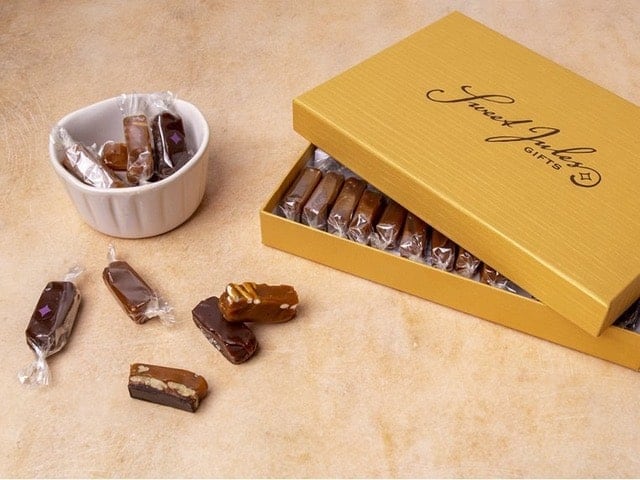 Sweet Jules Gifts handcrafted award winning caramels. An assorted variety of gourmet caramels in a gold linen box is a great Mother's Day Gift. 